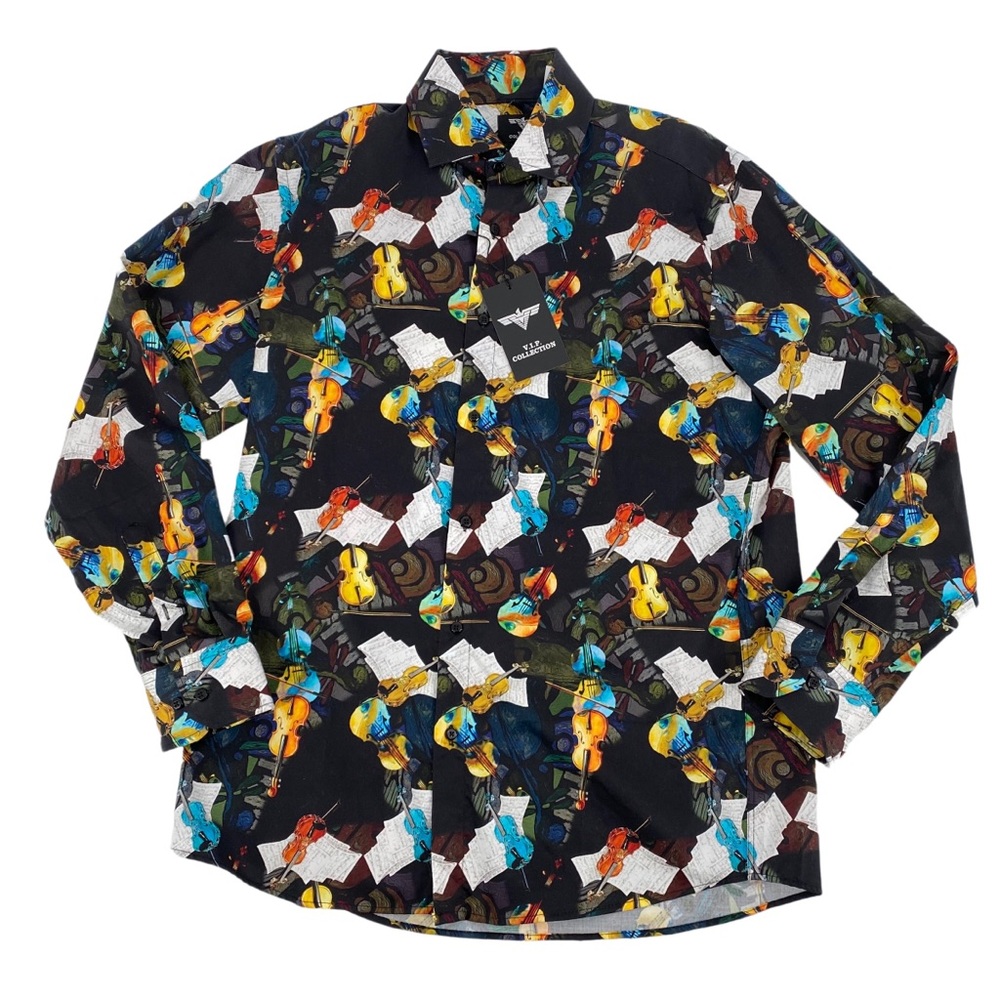 Mens VIP Collection Instrument Graphic Shirt Long Sleeves Black Size L MSRP $189